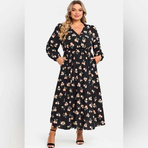 NEW NWT MeetCurve Floral Print Pocket Lantern Sleeve Wrap Maxi Dress 4XL - Picture 4 of 7